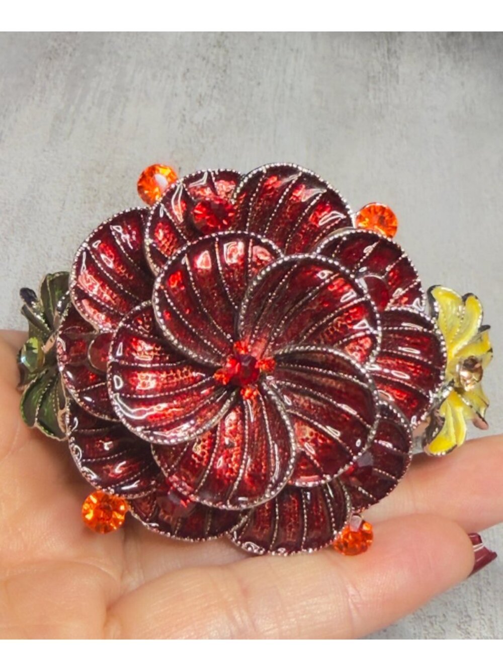 Floral Clamper Bracelet Red Yellow Green Rhinestone Flower Statement